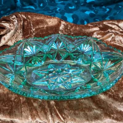 Vintage Green Pressed Glass Oval Dish