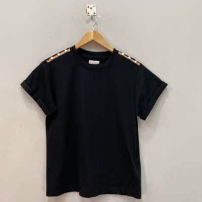 AJE Womens  Size XXS Short Sleeve Top Black with “Pearl buttons”