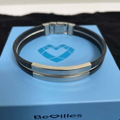 Bevilles Mens Stainless Steel ID Alternating wire + Black Rubber Bangle 