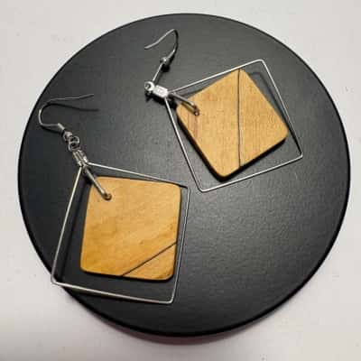 Silver & Wood Dangle Hook Earrings 