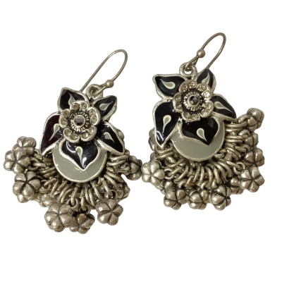  Oxidised Silver Dangles with Black Enamel Floral Design and Charm detail Earrings Black  / Silver 