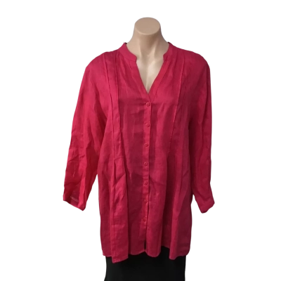 Womens approx Size L Crimson Red Pin-tuck detail Linen 3/4 Sleeve Shirt 