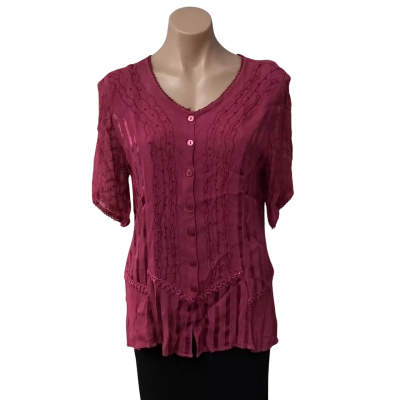Flower Womens Free Size Berry Pink Lace Embroidered Button up Short Sleeve Top 