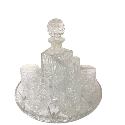 Vintage 8-Piece Diamond Cut Glass Whiskey Decanter & Tumbler Set with Matching Tray