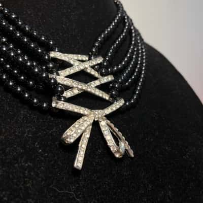 Black and Silver Beaded Necklace, Silver tone and Gems, Corset Ribbon Pendant