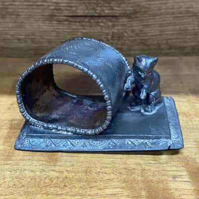 Antique Napkin Ring with Cat Figurine 
