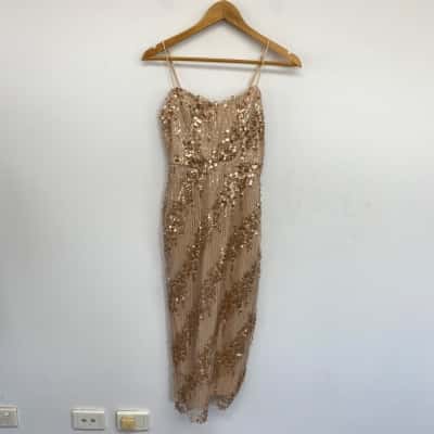 Here Comes The Sun Brown Sequin EMbellished Bodycon Midi Dress  Size 6 