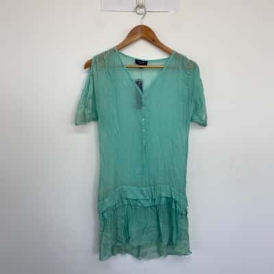 Witchery Turquoise Pure SIlk Short SLeeve Button Detail Mini Dress  Size S 