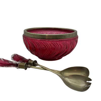 Cranberry Glass Serving Bowl and Spoons