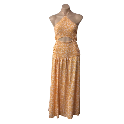 My Girl Womens Size 12 Orange / White Floral Shirred Halter Neck Maxi Dress (new)