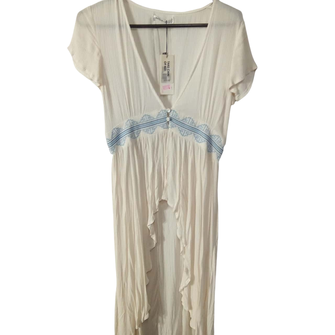 Ally Ladies Cream Blue Embossed Waist Cap Sleeve Maxi Vest Size 10 NWT