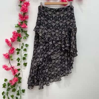 Pilgrim Womens Ruffled Hemline Midi Skirt Size 16 Black  / Floral 