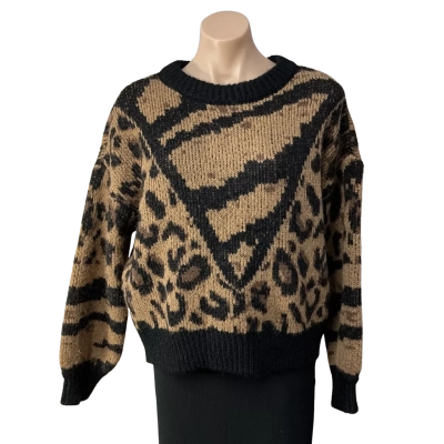 Vero Moda Womens EU Size L Black / Brown Animal Print Crew Neck Jumper (new)