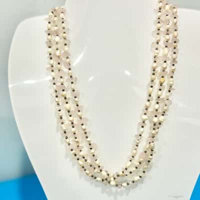 Triple Strand Rose Quartz Chip Pearl Necklace 