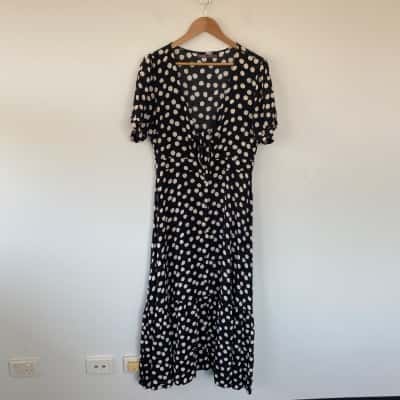 Mister Zimi Black Polka Dot Short Sleeve Front Tie Maxi Dress  Size 14 
