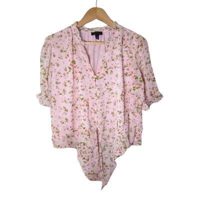 Size L - Womens Pink Floral Short Sleeve Blouse
