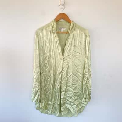 Shona Joy Green Satin Look Long Sleeve Shirt Size M 