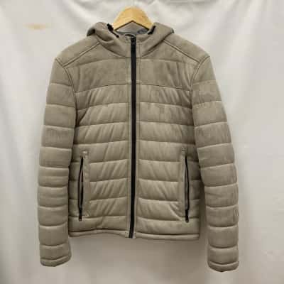 Zara Mens Size S Puffer Jacket With Hoodie Beige/Greyish 