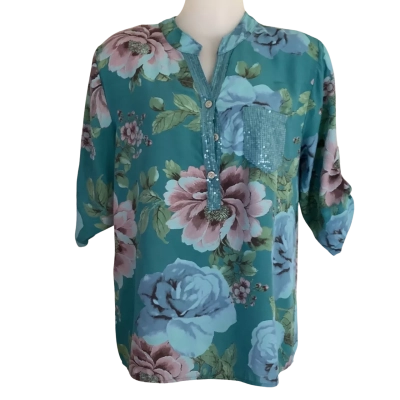 BNWT**Bottega Moda.  Floral Teal Sequin Blouse.    Size 8 