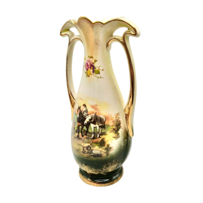 Vintage Gold painted Staffordshire Country Scene & Roses Vase Made In England  (office)