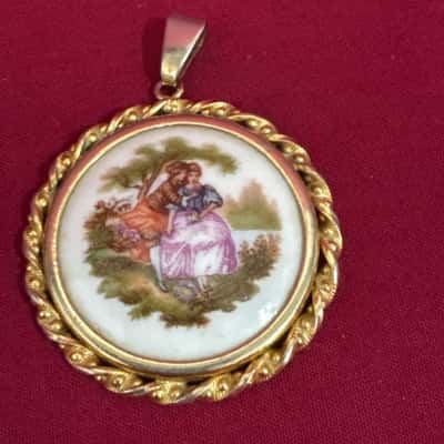  Women's Vintage Limoges Porcelain Pendant featuring Hand-Painted Courting Couple Scene