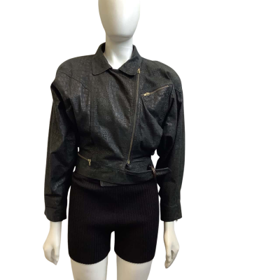 `Vintage’ Bisonte Womens  Size S Croc Pattern Pigmented Leather Jacket Black 