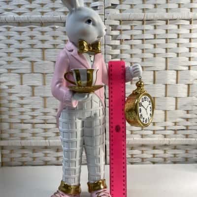 Rabbit Sculpture with Clock And tea cup in hand