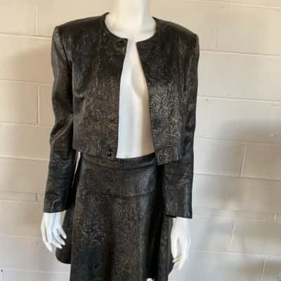  Womens  Size 10 Suit Jacket Black / Gold abstract leather with flared skirt
