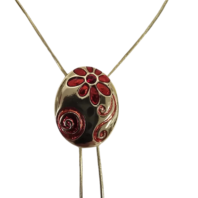  Womens Necklace Gold Tone Larriat Style with Red and Gold Slip Pendant