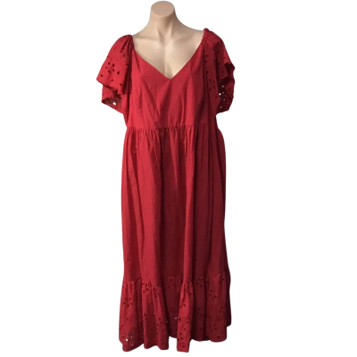 Pink Dusk Womens Size 22 Red / Broderie Anglaise Detail Short Sleeve Midi Dress (new)