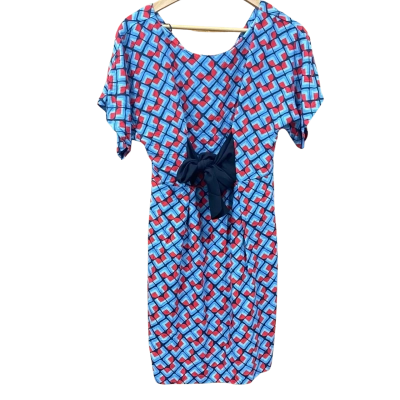 Closet London Blue/Red Geometric Pattern Bow Detail Dress Size UK 12