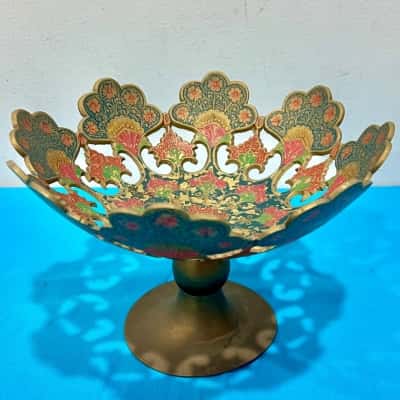 Vintage Brass Enamel Pedestal Bowl 