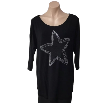 Pretty Basics by Taking Shape Womens Size 14 Black / Silver Sequin Star Motif 3/4 Sleeve Top
