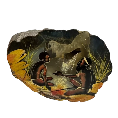 Aboriginal Scene painted on a Slice of Thunder Egg Geode