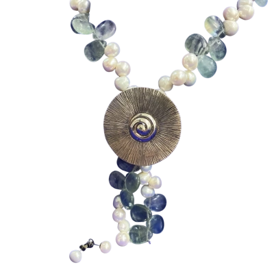  Womens Smithsonian institutute. Stirling silver, freshwater pearl and Fluorite necklace. With pearl earrings 