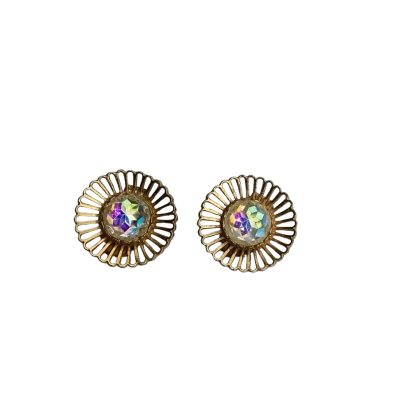  Womens Radex Vintage Clip On Earrings Gold Tone with AB Crystal 1970s