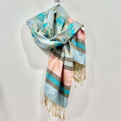 Pashmina 100% Blue/Pink/Brown Elephant Design 