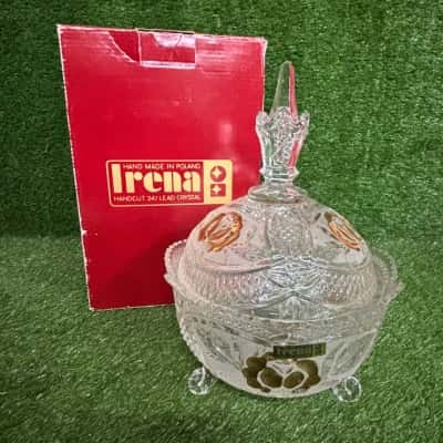 Vintage Irena Crystal Glass Sweets Lidded Dish With Gold Detail (Boxed)