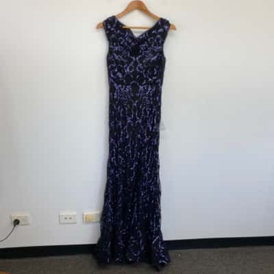 Bariano Black Blue Elodie Boat Neck Pattern Sequin Gown Maxi Dress  Size 10 