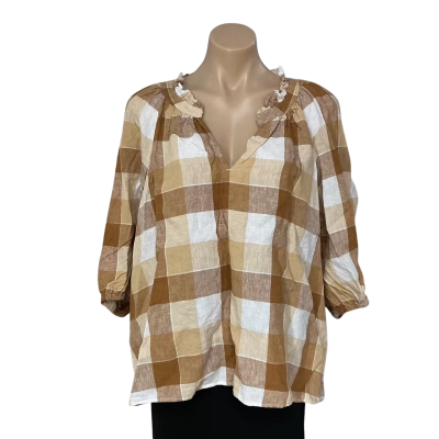 Sussan Womens Size 20 White / Beige / Brown Checked Linen V-neck Short Sleeve Top