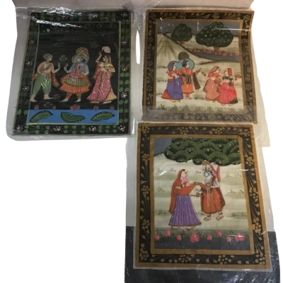 3 x Pictures Painted On Fabric as pictured Approx 21 x 24cm