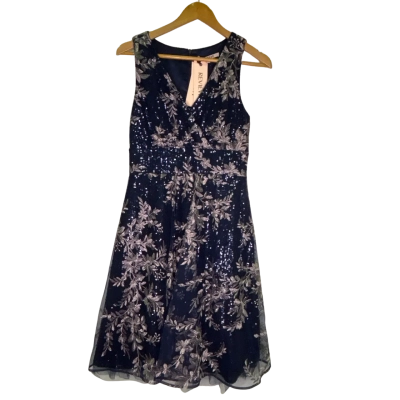 Review Womens  Size 8 Cocktail Dress Blue / Floral / Silver 
