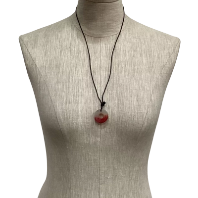  Blood Jade Circular Pendant on Black Leather Cord Red / White 