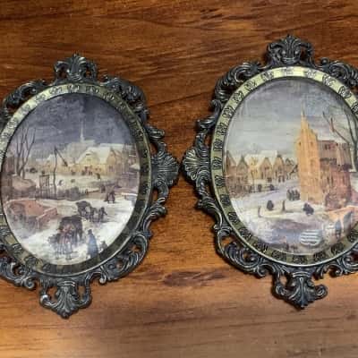 Pair Vintage Italian Brass Oval Frames with Silk Winter Prints