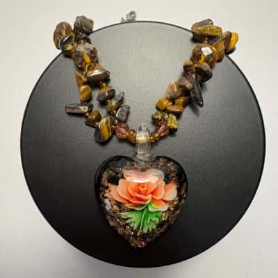 Tigers eye chip Necklace with Blown Glass Embedded Floral Heart Pendant Necklace