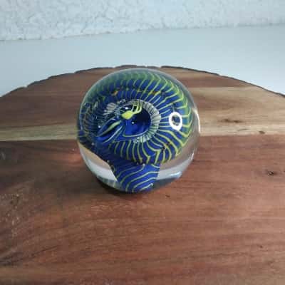 Handblown Art Glass Paperweight - Blue and Green Ribbon
