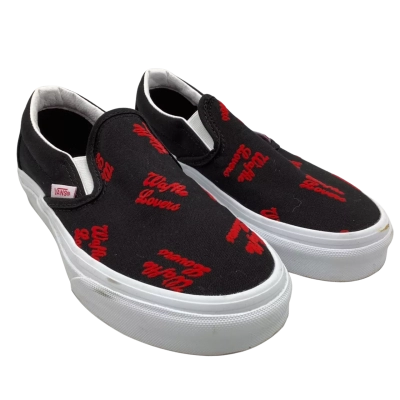 Vans Womens  Size UK 3 (EUR 35; US 5.5) Slip on Sneakers Black, White sole, red “Waffle Lovers” 