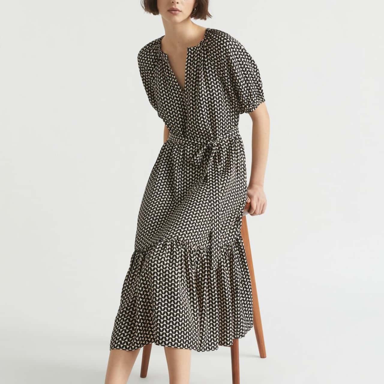 knee length dresses for ladies Shades of Blue Geometric Midi Dress Clearance Final Sale Xs