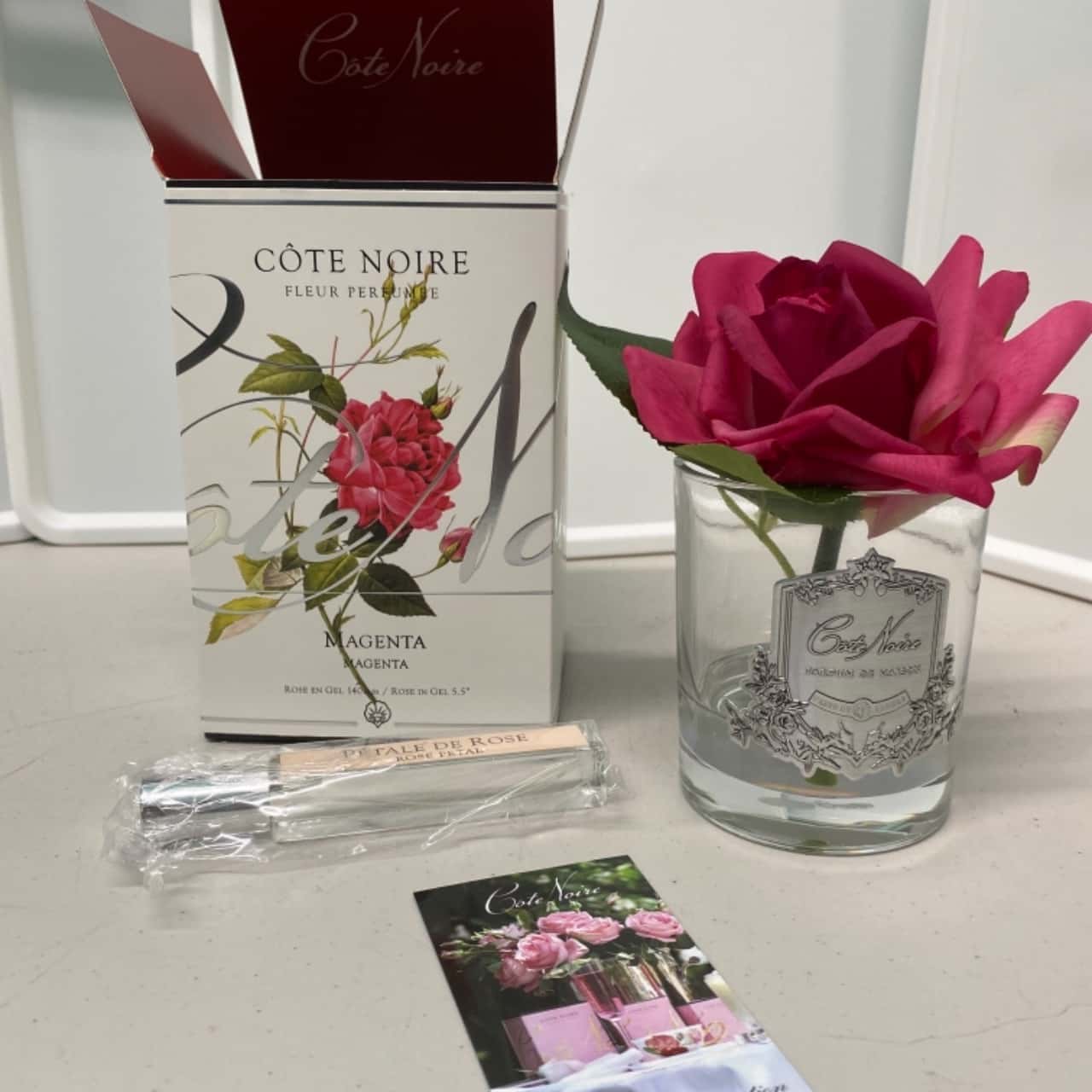 Cote Noire Single French Rose Perfumed Natural Touch Red In Clear Glass With Silver Crest
