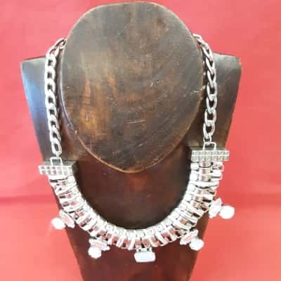 Diamante and opaque stone large chain silver statement necklace